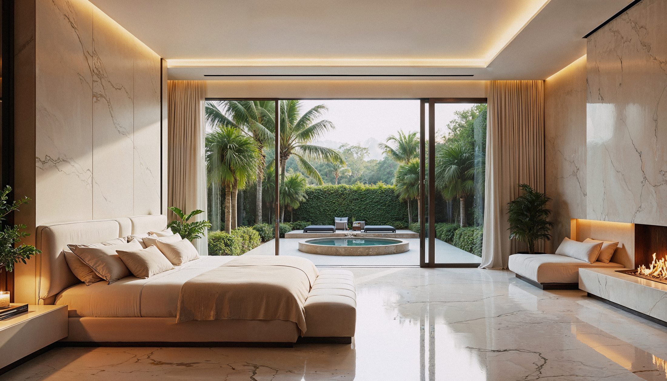 Luxurious primary suite opening to a tropical patio